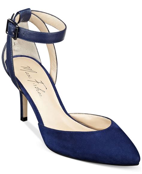 blue pumps with ankle strap.